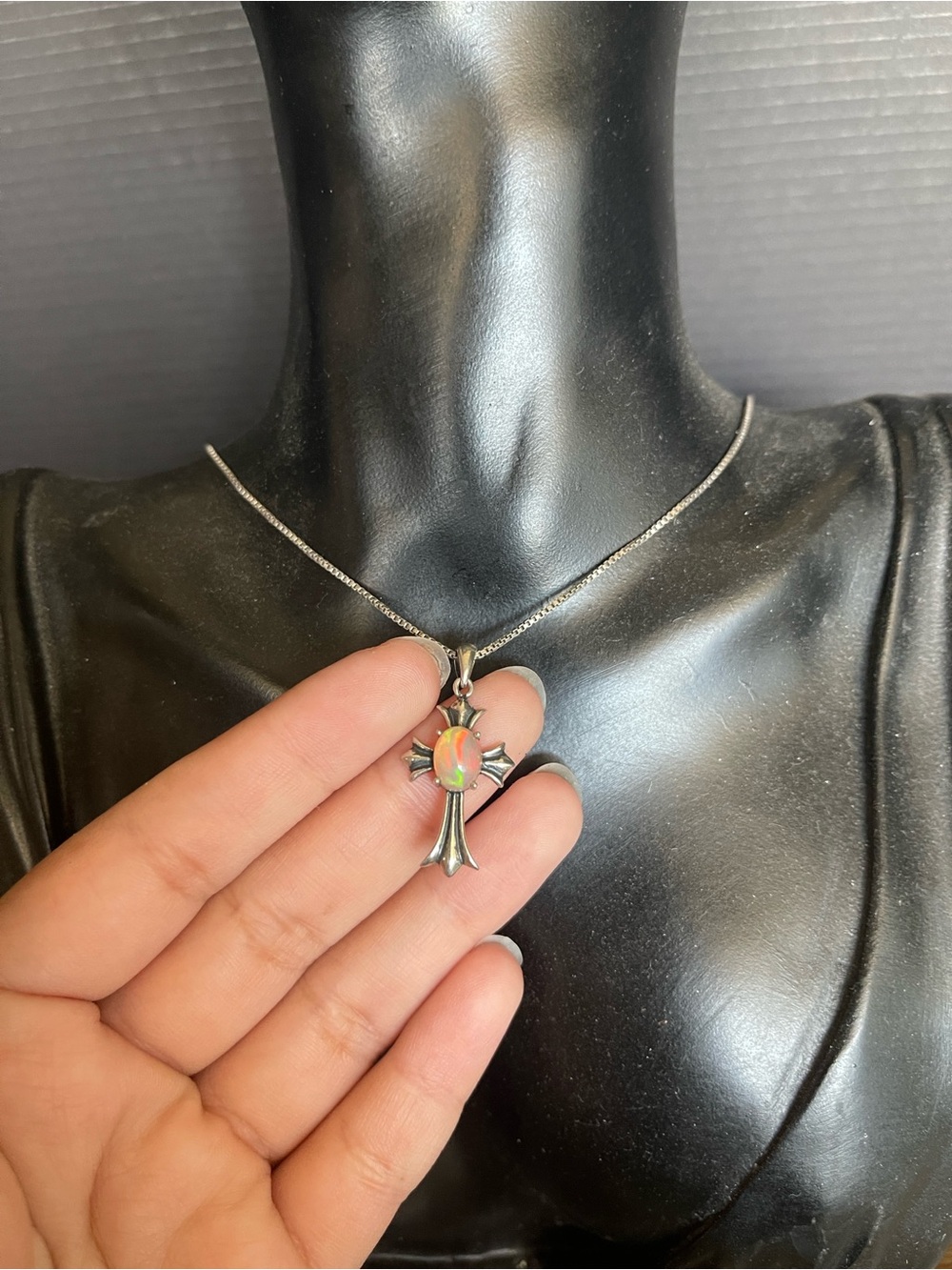 Sterling silver pink opal cross necklace 18 inch necklace